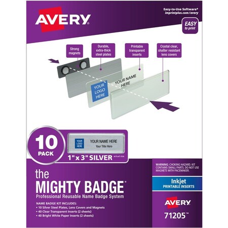 The Mighty Badge Badge Kit, Magnetic, Inkjet, Reusable, 1"x3", 10/PK, SR 5PK AVE71205